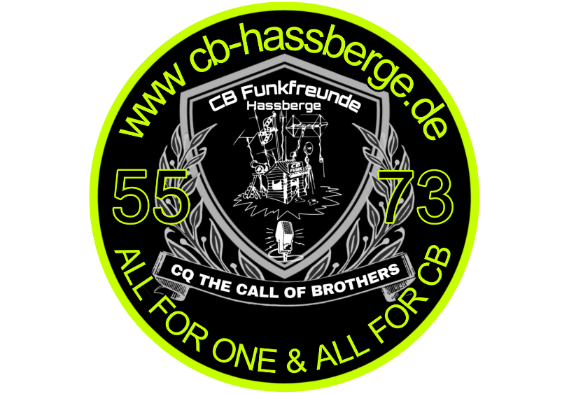 Der runde Aufkleber der CB Funkfreunde Haßberge — 55 · 73 · All for One & All for CB