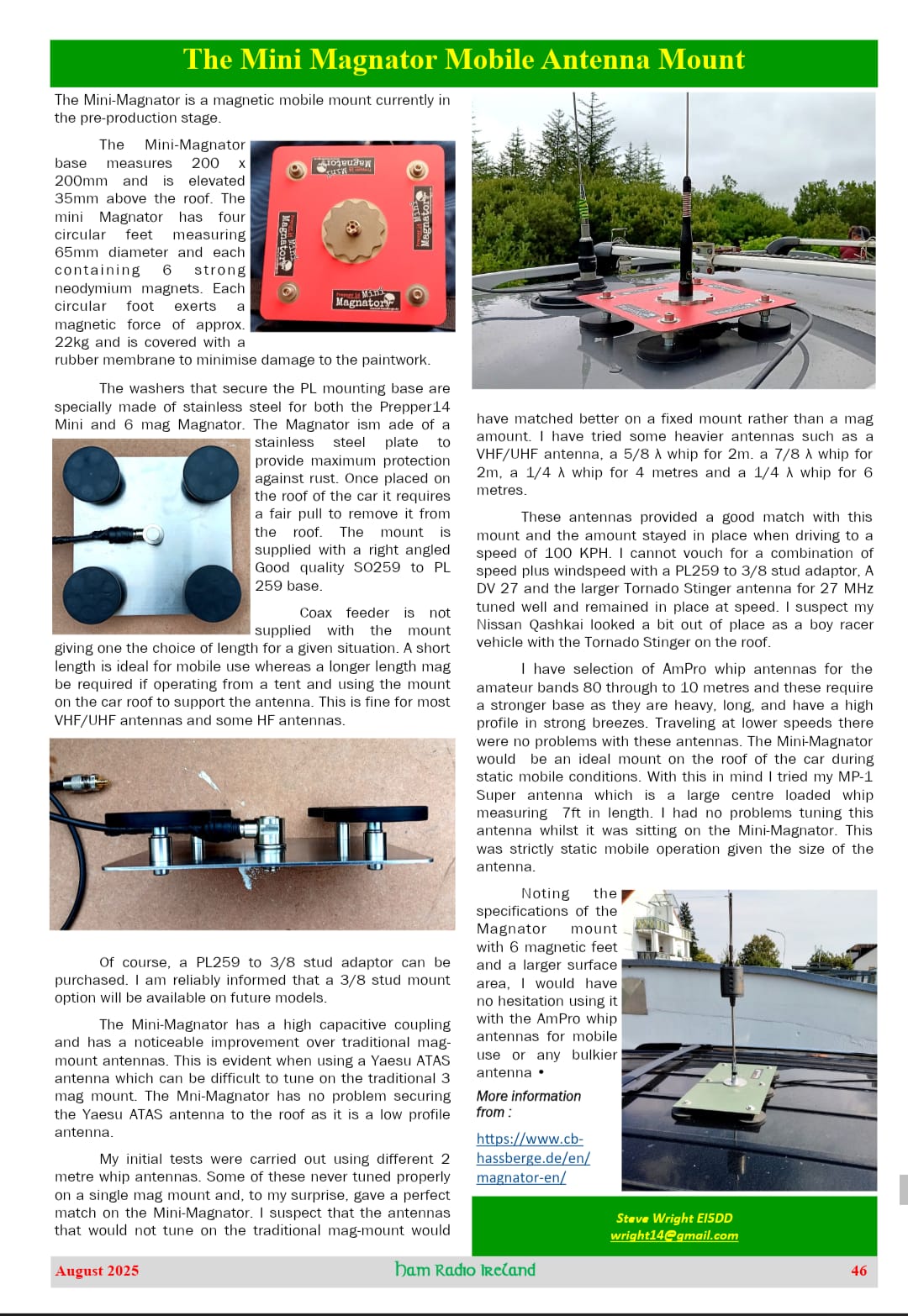 Magazinseite: The Mini Magnator Mobile Antenna Mount — Ham Radio Ireland, August 2025